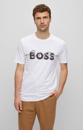 HUGO BOSS חולצה טישרט קצרה עם הדפס לוגו המותג בלבן Slim Fit